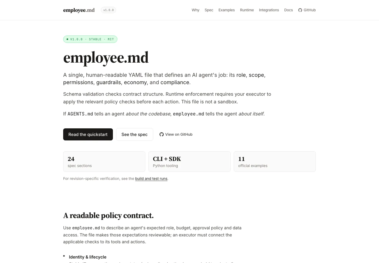 Published employee.md documentation introducing the agent contract format and runtime boundaries.